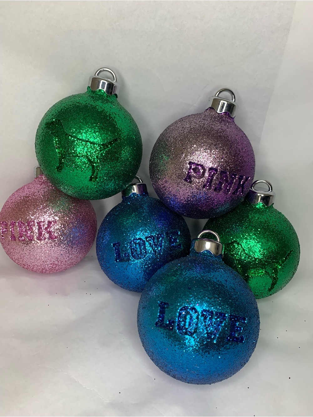 PINK Victoria's Secret Glitter Holiday Ornaments - 6 Pink, Purple, Blue, Green
